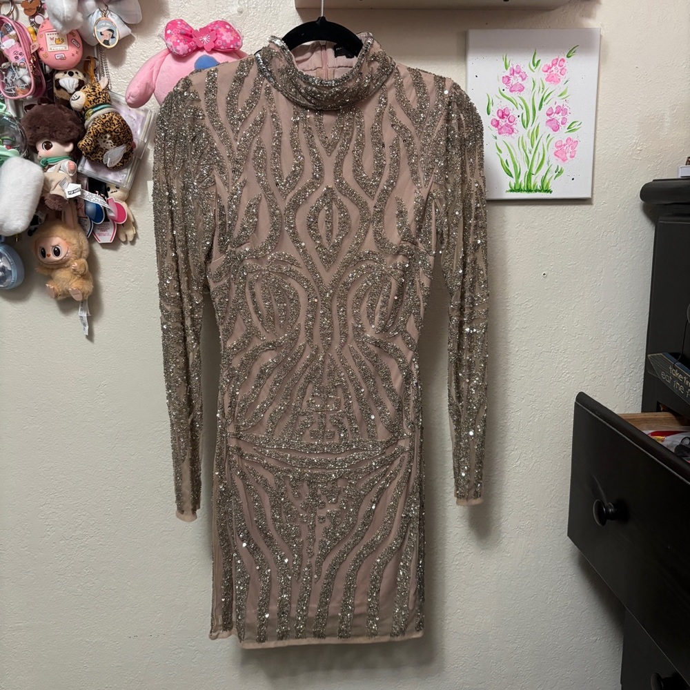 Missguided Peace + Love Beaded Nude High Neck Mini Dress Size 4